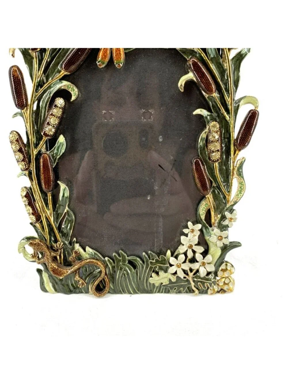 Folio Picture Photo Frame Enamel Crystal Dragonfly Cattail Floral Fauna 4x6”